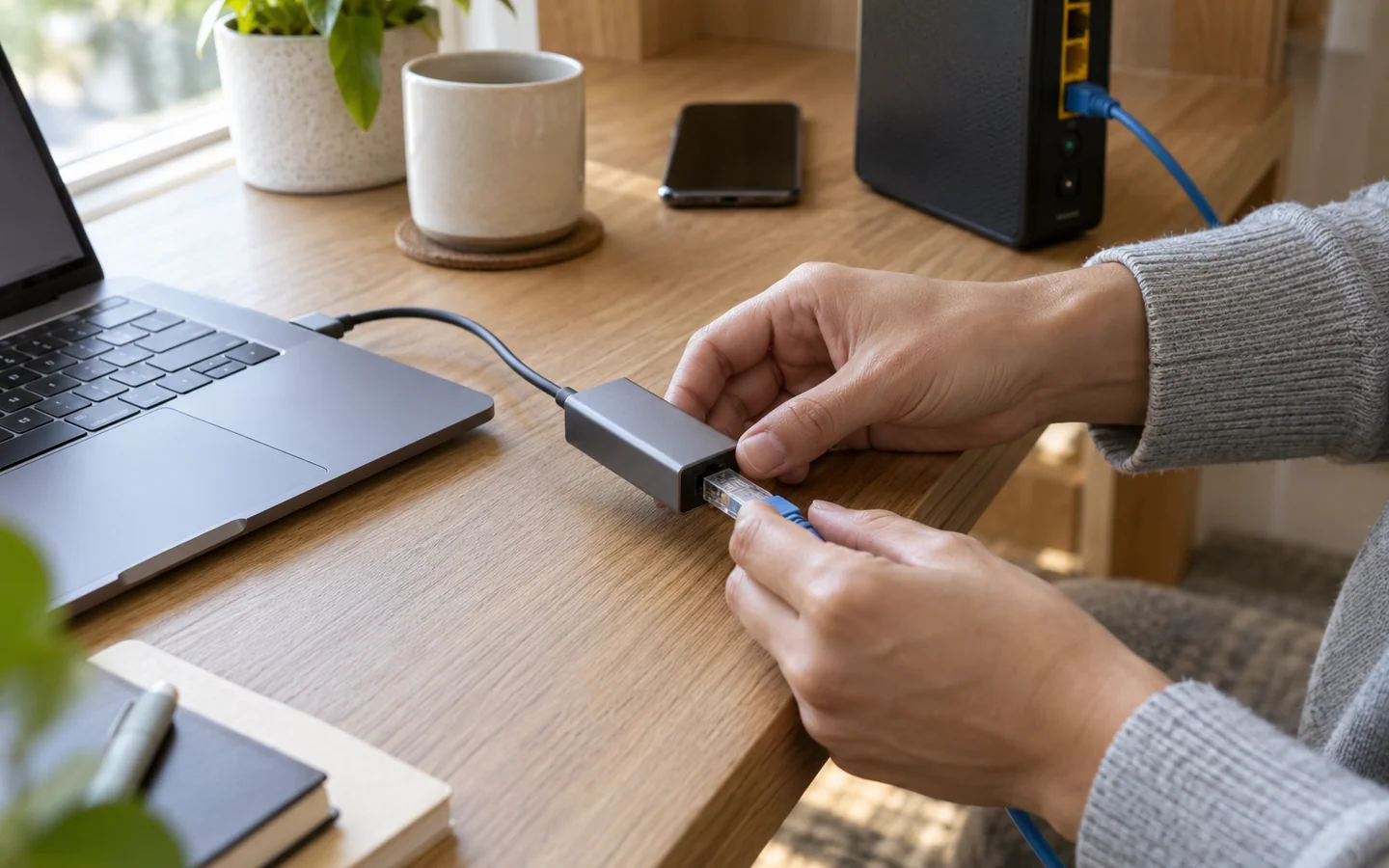 手部为笔记本连接USB-C网络适配器和网线，旁边放有手机与家庭网关