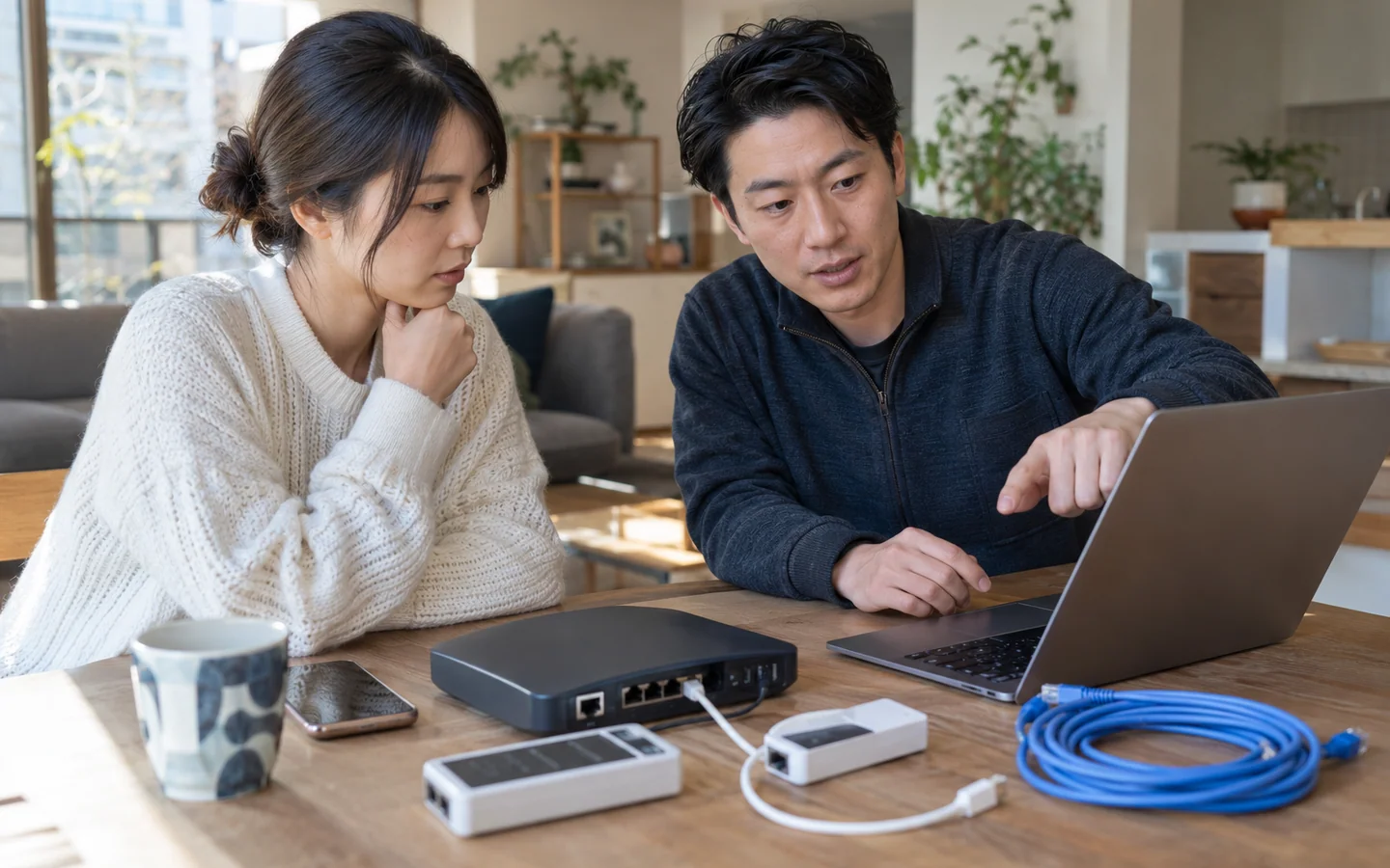 住户与技术人员共同检查笔记本、手机和家庭网络设备