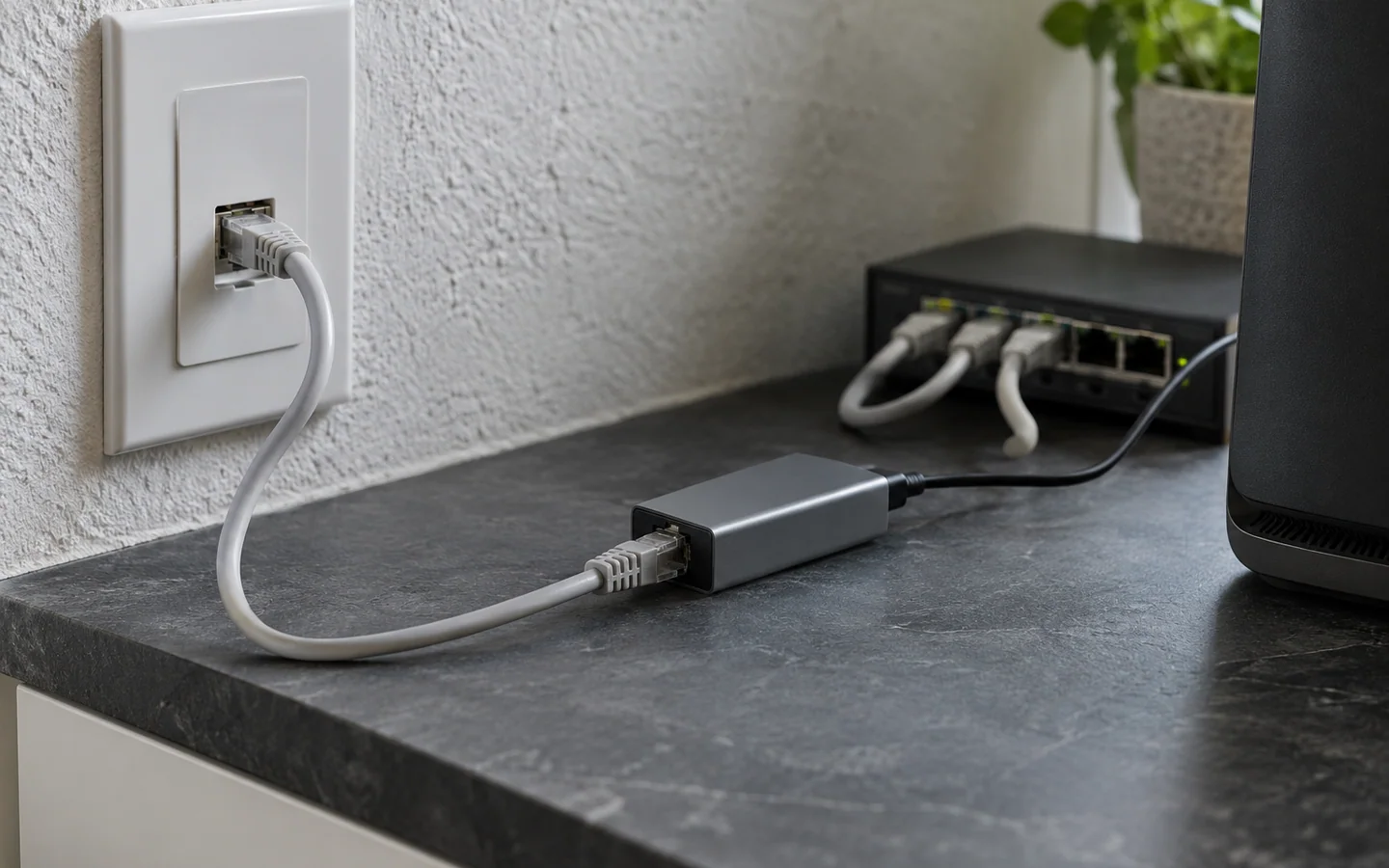 墙面以太网接口、网线与工作台上的USB-C网络适配器